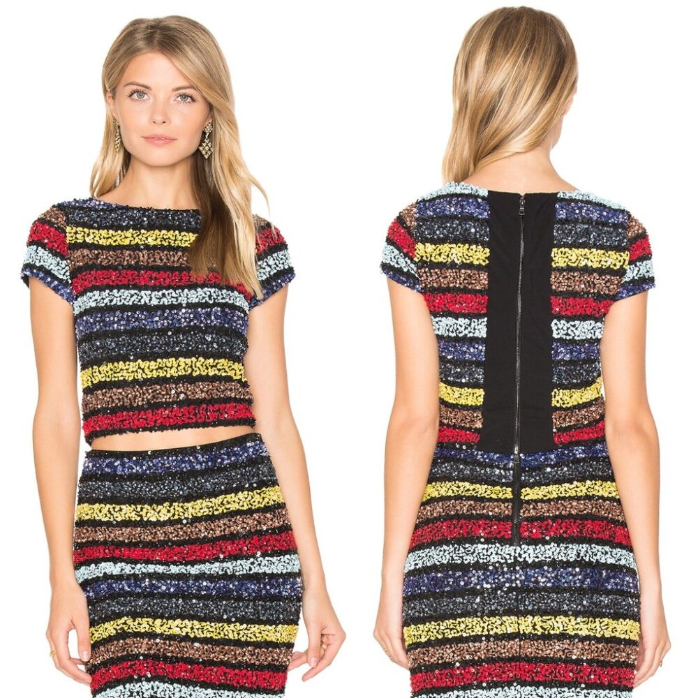 Alice + Olivia Kelli Embellished Crop Top Multi Sequin Glam Bling Blouse Size
